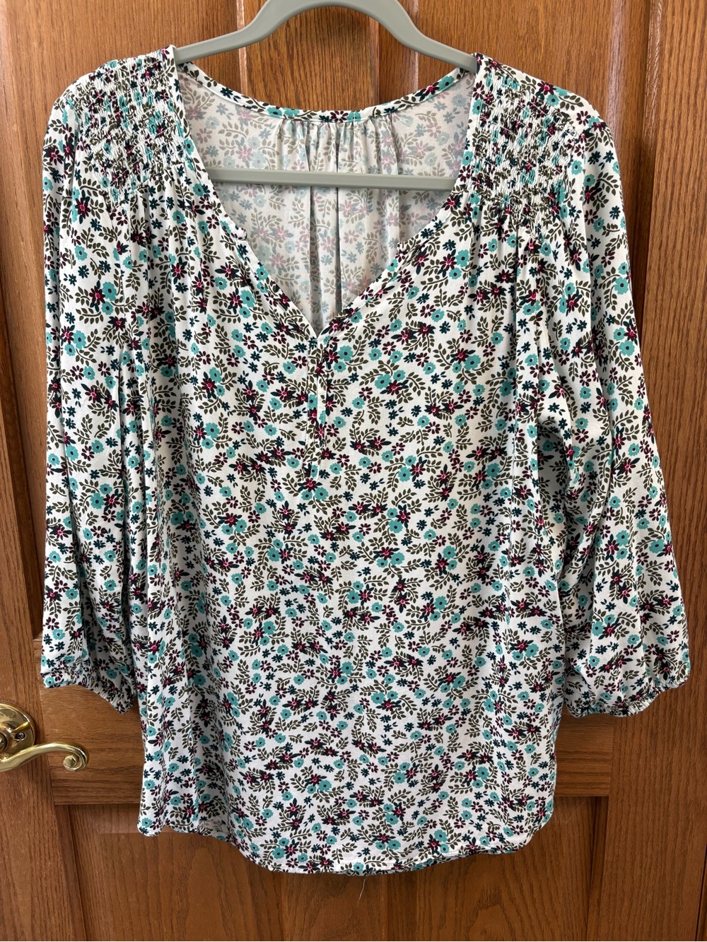 Women's Floral V-Neck Long Sleeve Top - Cream with Teal & Burgundy